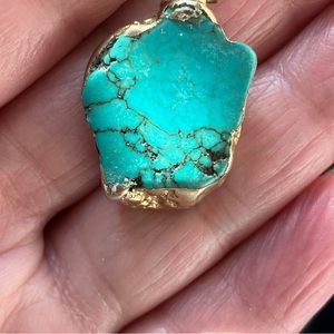 Vintage Genuine Turquoise Slab Solid Yellow 10K Gold Nugget Pendant Handmade